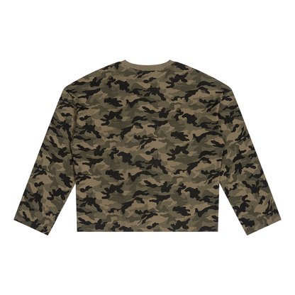 Unisex Camo Waffle Raw Edge T-Shirt in army green camo, alternate angle