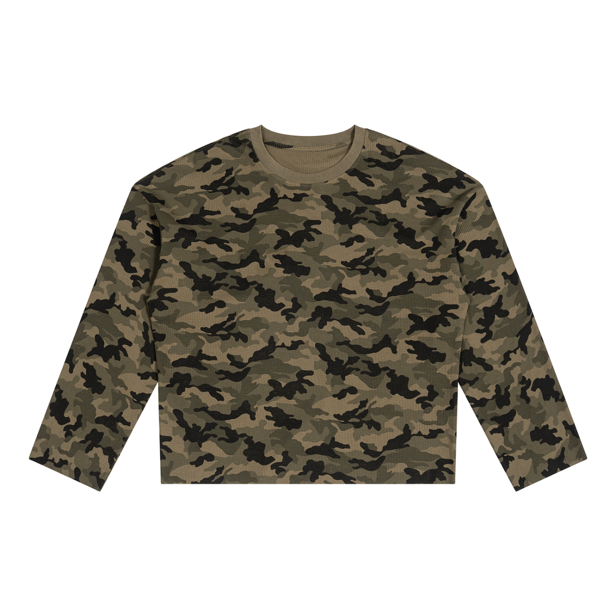 Unisex Camo Waffle Raw Edge T-Shirt in army green camo