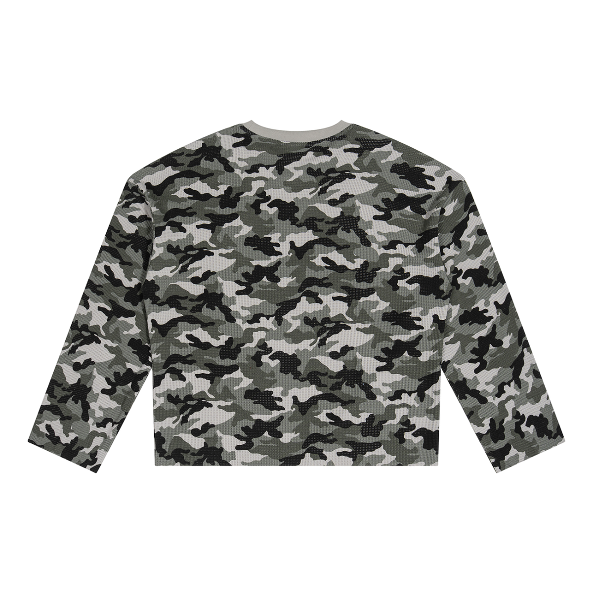 Unisex Camo Waffle Raw Edge T-Shirt in gray camo, alternate angle