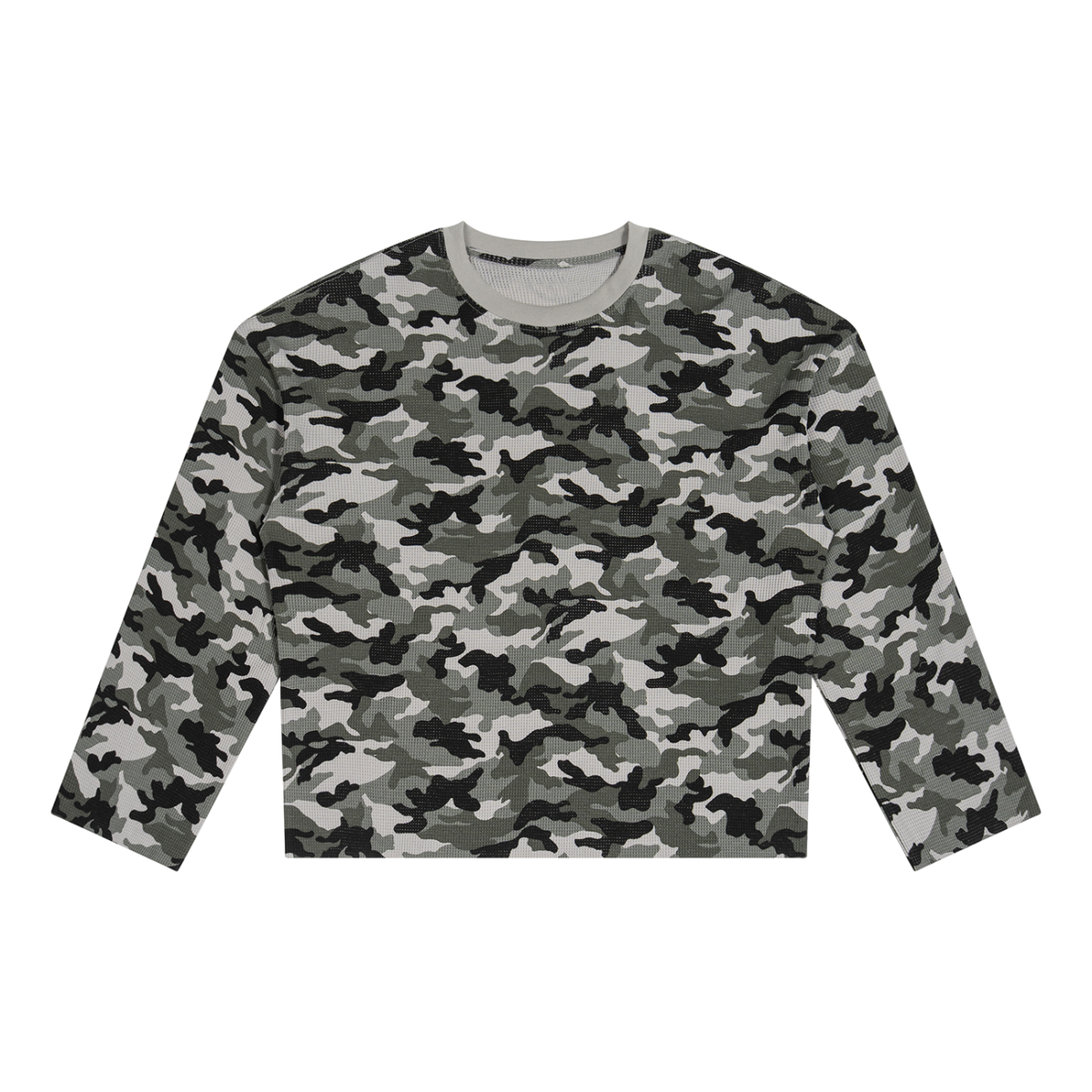 Unisex Camo Waffle Raw Edge T-Shirt in gray camo