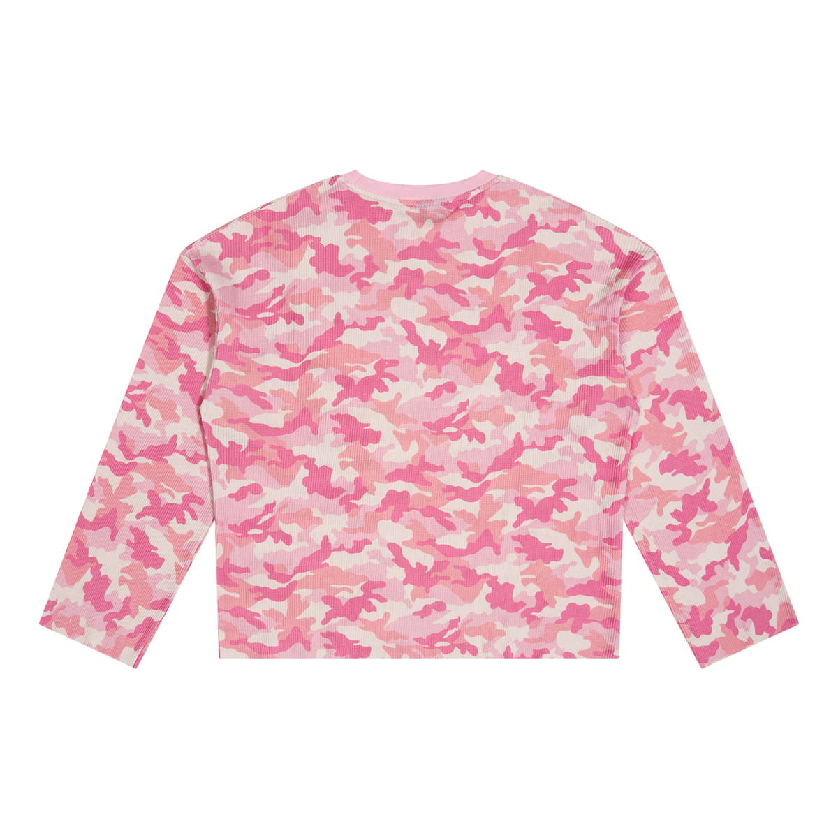 Unisex Camo Waffle Raw Edge T-Shirt in pink camo, alternate angle