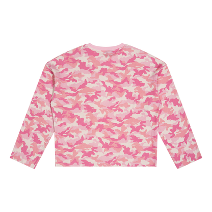 Unisex Camo Waffle Raw Edge T-Shirt in pink camo, alternate angle