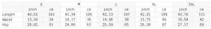 Size chart for the Unisex Camo Wide Leg Sweatpants