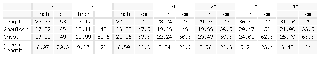 Size chart for the Unisex Classic Crew Neck Cotton T-Shirt