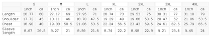 Size chart for the Unisex Classic Crew Neck Cotton T-Shirt
