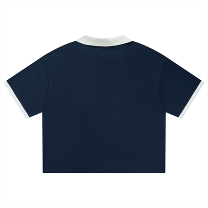 Unisex Collared Piping Boxy Soccer Jersey in navy blue, alternate angle