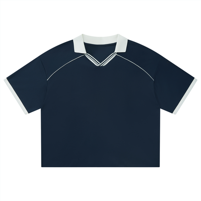 Unisex Collared Piping Boxy Soccer Jersey in navy blue