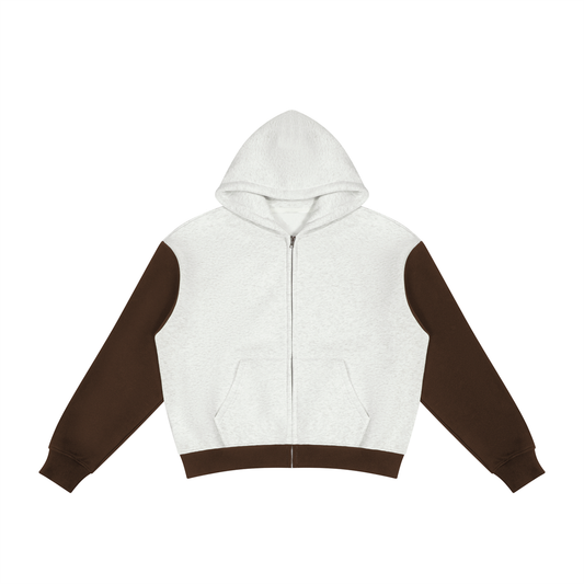 Unisex Color Block Fleece Full Zip Hoodie in flower gray with coffee