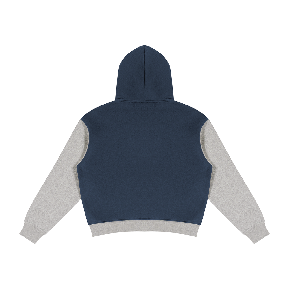Unisex Color Block Fleece Full Zip Hoodie in navy blue with flower gray, alternate angle