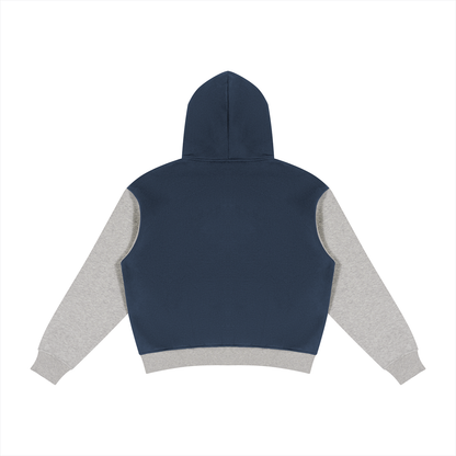 Unisex Color Block Fleece Full Zip Hoodie in navy blue with flower gray, alternate angle