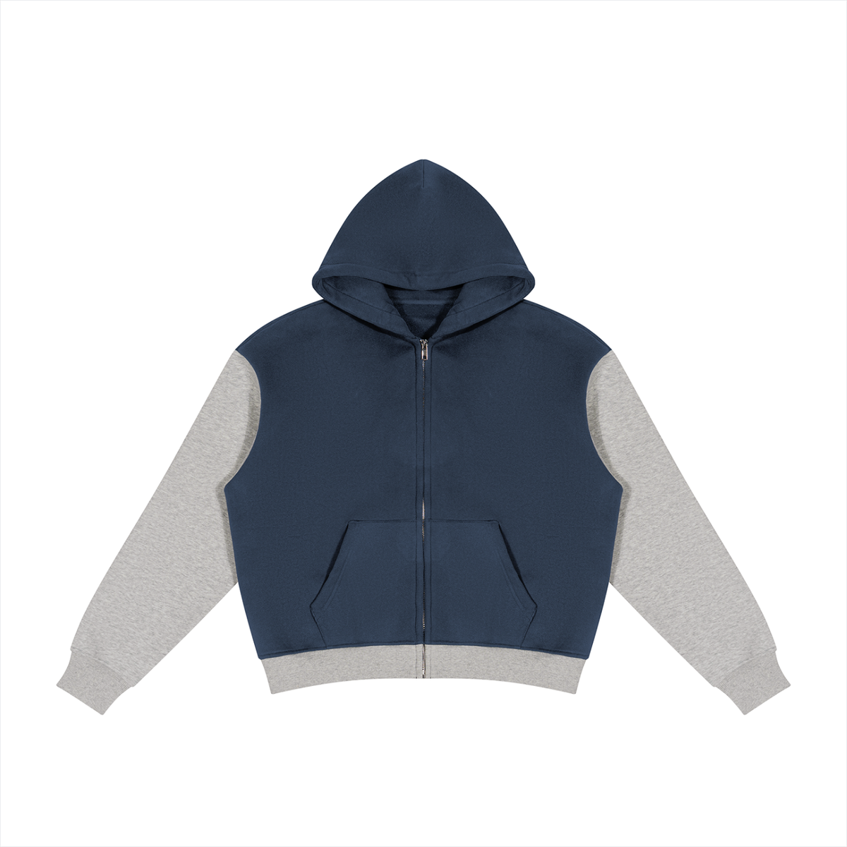 Unisex Color Block Fleece Full Zip Hoodie in navy blue with flower gray