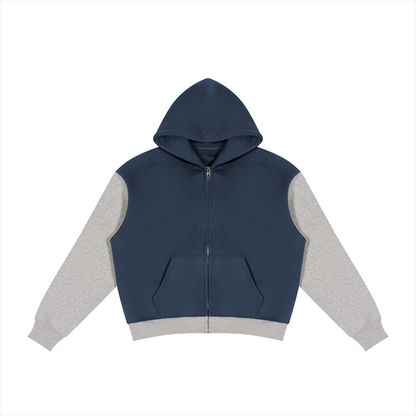 Unisex Color Block Fleece Full Zip Hoodie in navy blue with flower gray