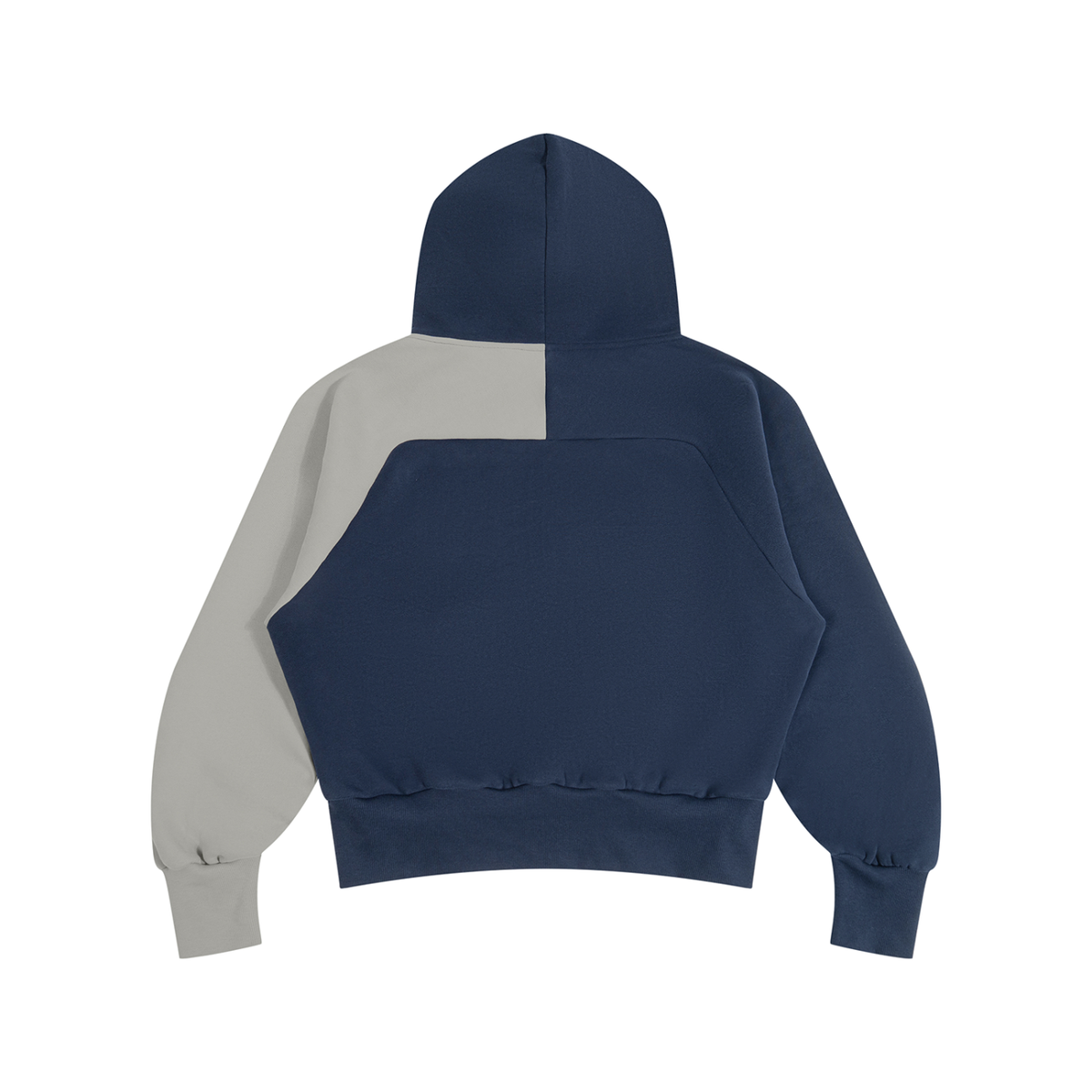Unisex Color-Block Fleece Hoodie in navy blue with gray, alternate angle