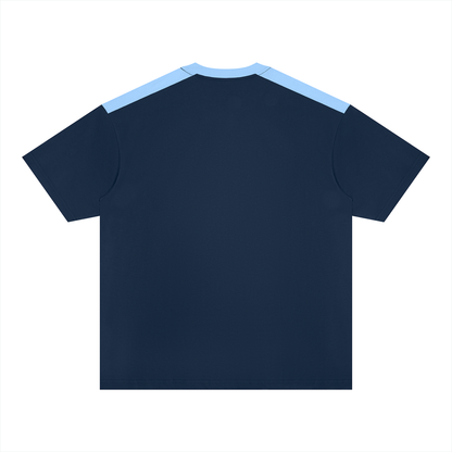 Unisex Color Block Loose T-Shirt in navy blue with light blue, alternate angle