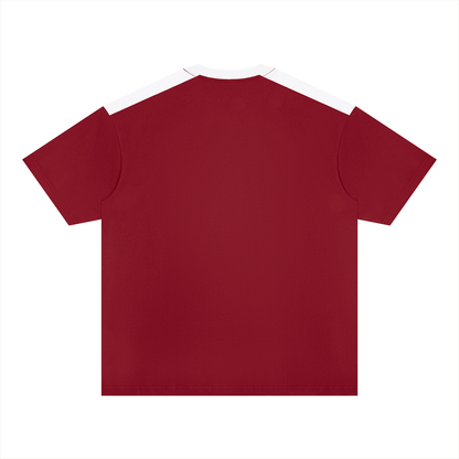 Unisex Color Block Loose T-Shirt in wine red with white, alternate angle