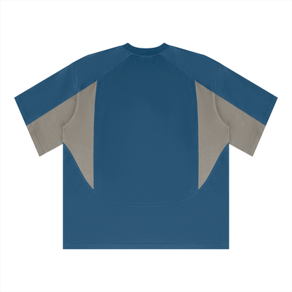 Unisex Color Block Paneling T-Shirt in navy blue with gray, alternate angle