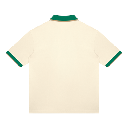 Unisex Color Block Polo Shirt in apricot with green, alternate angle