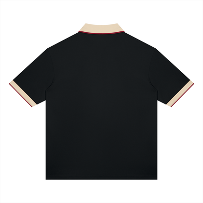 Unisex Color Block Polo Shirt in black with apricot, alternate angle