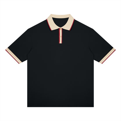 Unisex Color Block Polo Shirt in black with apricot