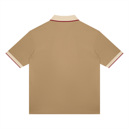 Unisex Color Block Polo Shirt in khaki with beige camel, alternate angle