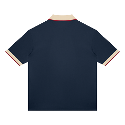 Unisex Color Block Polo Shirt in navy blue with apricot, alternate angle