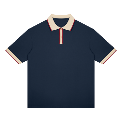 Unisex Color Block Polo Shirt in navy blue with apricot