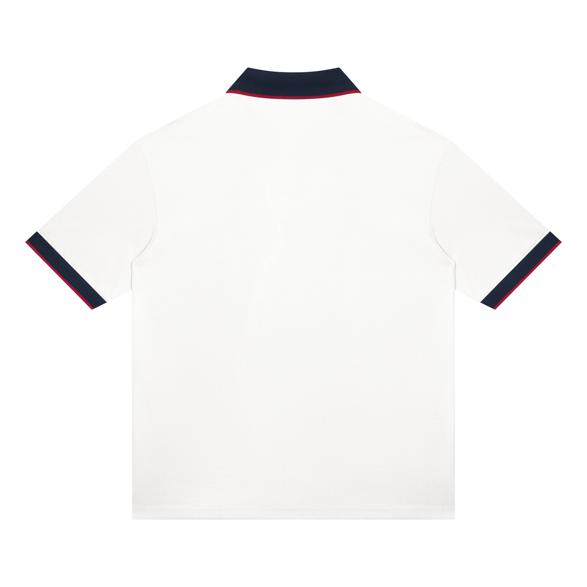 Unisex Color Block Polo Shirt in white with navy blue, alternate angle