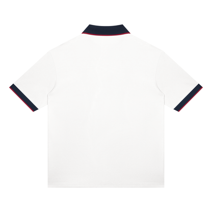 Unisex Color Block Polo Shirt in white with navy blue, alternate angle