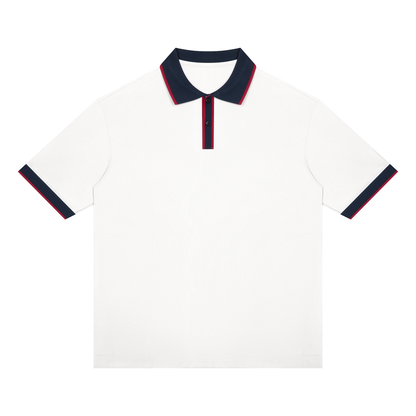 Unisex Color Block Polo Shirt in white with navy blue
