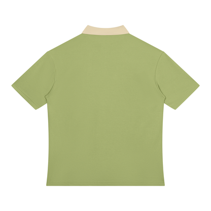 Unisex Color Block Quarter-Zip Polo Shirt in avocado green with beige camel, alternate angle