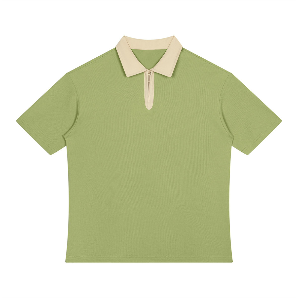 Unisex Color Block Quarter-Zip Polo Shirt in avocado green with beige camel
