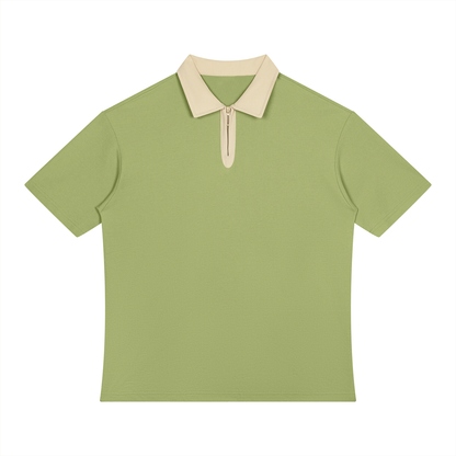 Unisex Color Block Quarter-Zip Polo Shirt in avocado green with beige camel