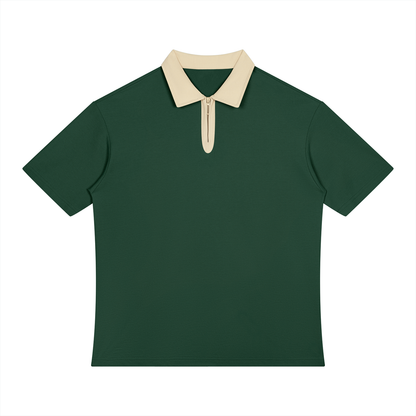 Unisex Color Block Quarter-Zip Polo Shirt in blackish green with apricot