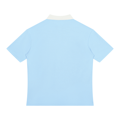 Unisex Color Block Quarter-Zip Polo Shirt in light blue with white, alternate angle