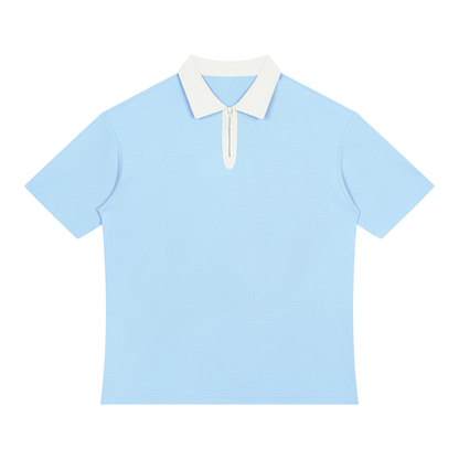 Unisex Color Block Quarter-Zip Polo Shirt in light blue with white