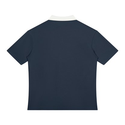 Unisex Color Block Quarter-Zip Polo Shirt in navy blue with white, alternate angle