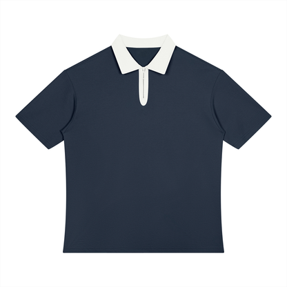 Unisex Color Block Quarter-Zip Polo Shirt in navy blue with white