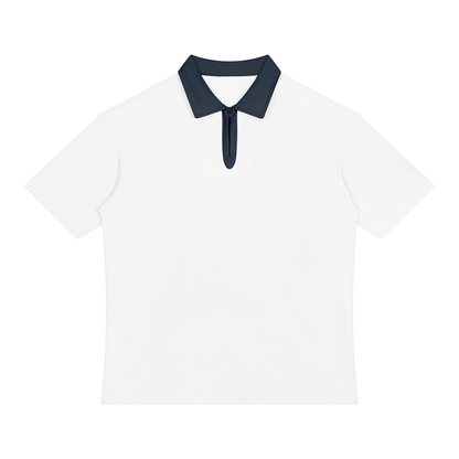 Unisex Color Block Quarter-Zip Polo Shirt in white with navy blue