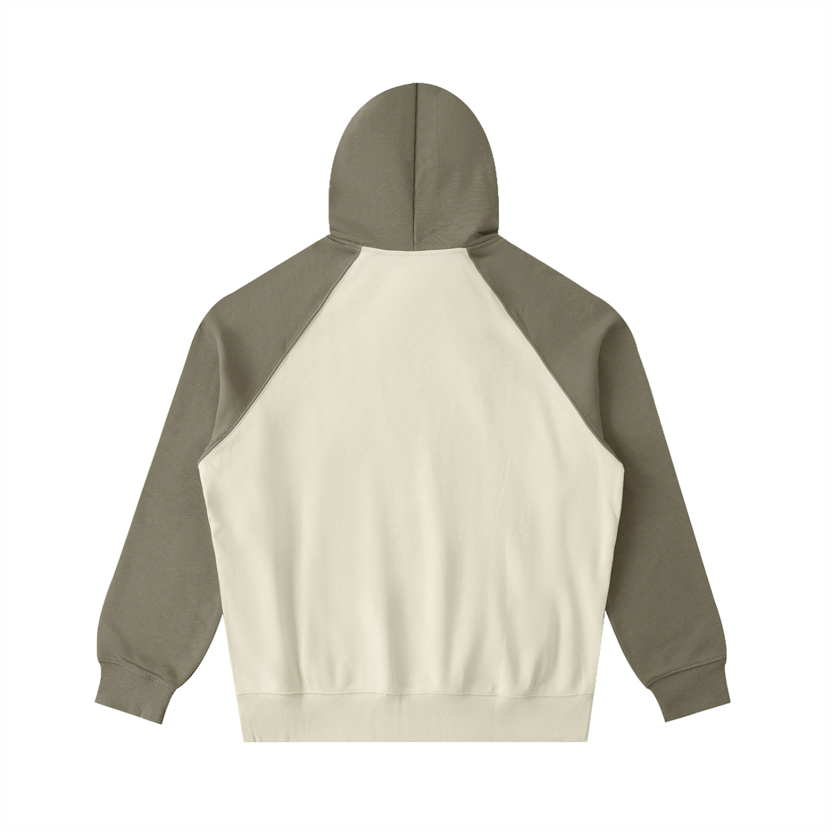 Unisex Color-Block Raglan Sleeve Hoodie in mild apricot with gray green, alternate angle