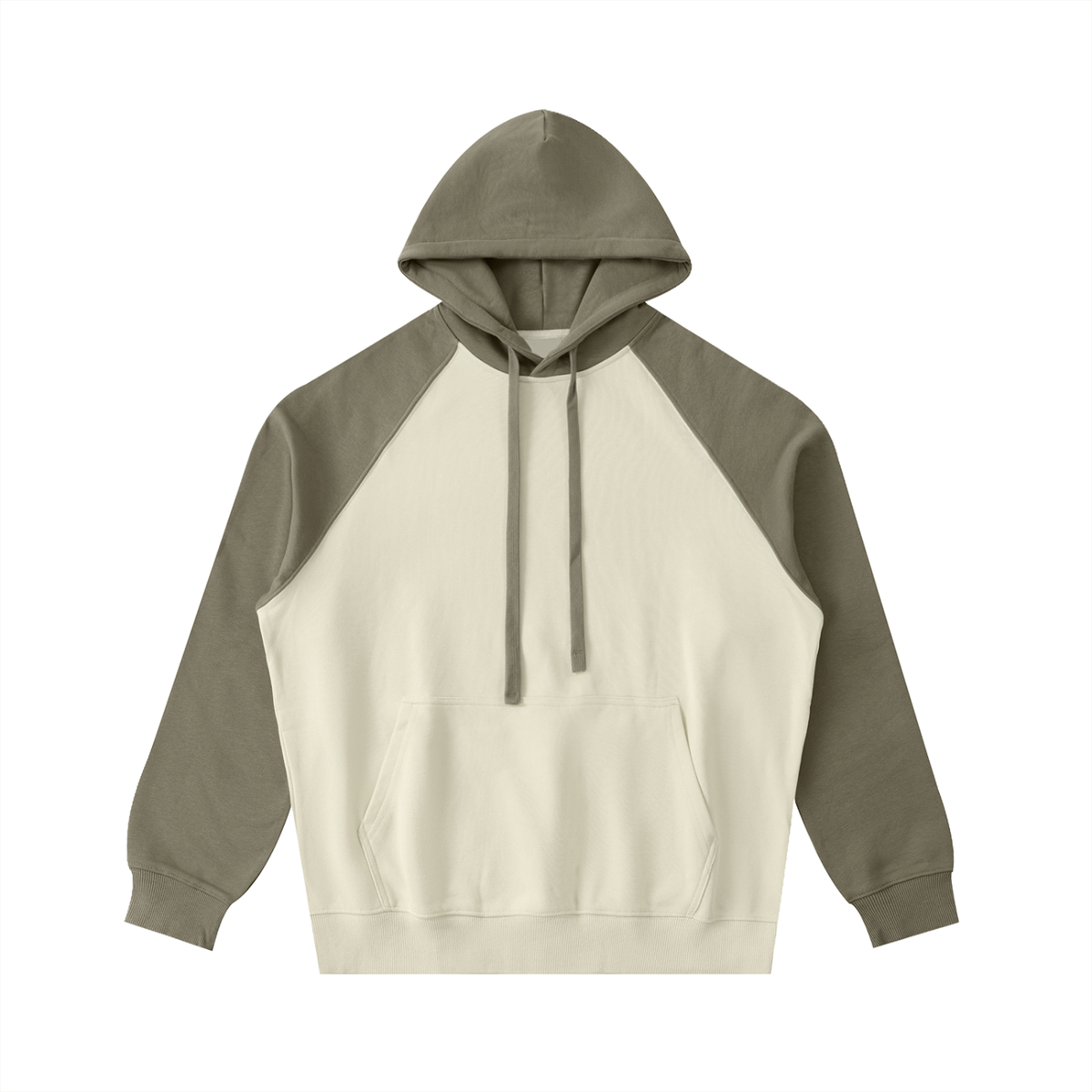 Unisex Color-Block Raglan Sleeve Hoodie in mild apricot with gray green