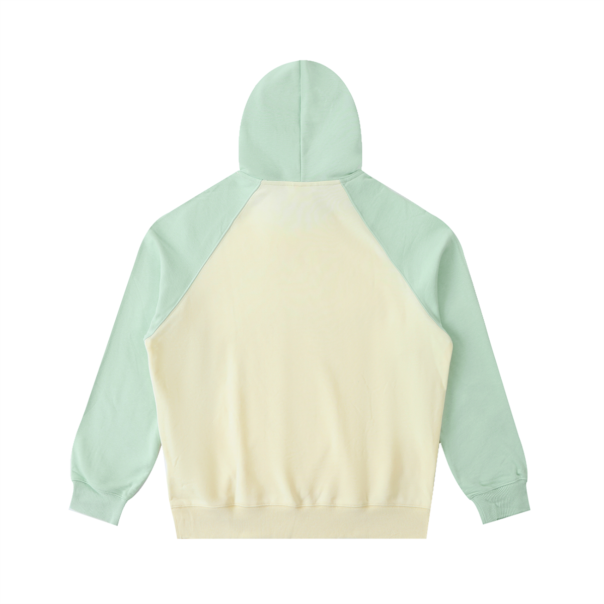Unisex Color-Block Raglan Sleeve Hoodie in mild apricot with green, alternate angle