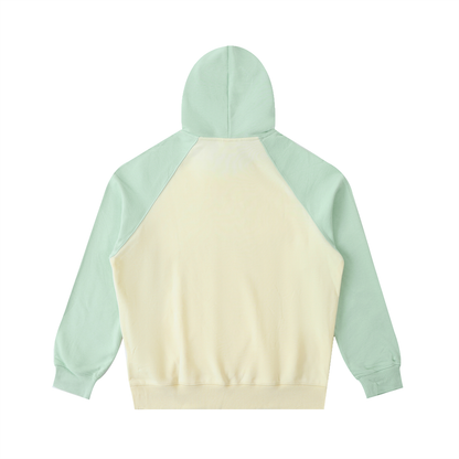 Unisex Color-Block Raglan Sleeve Hoodie in mild apricot with green, alternate angle