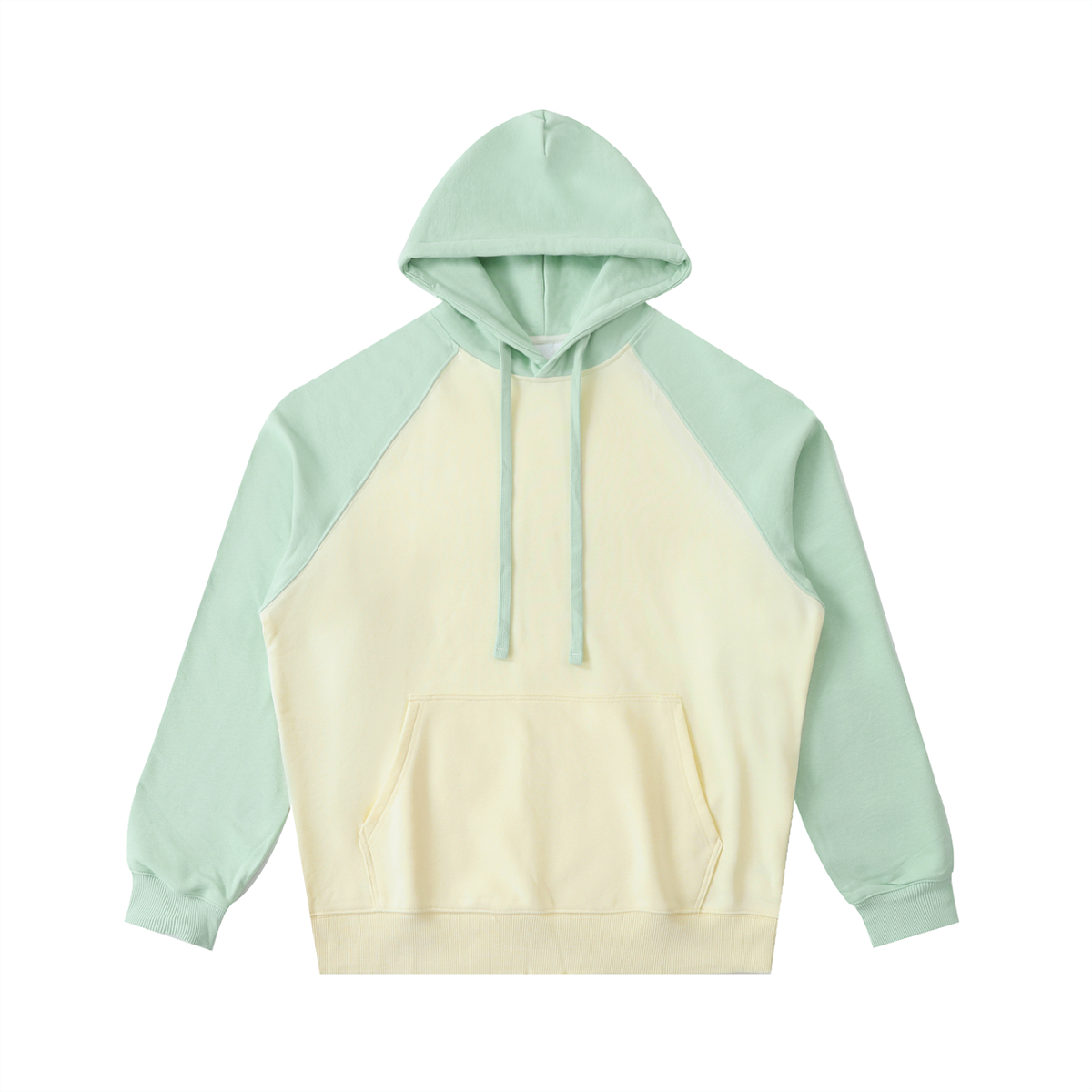 Unisex Color-Block Raglan Sleeve Hoodie in mild apricot with green