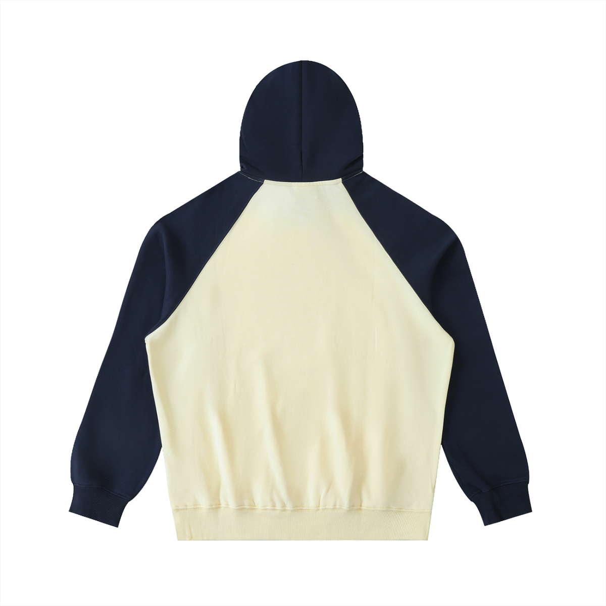Unisex Color-Block Raglan Sleeve Hoodie in mild apricot with navy blue, alternate angle