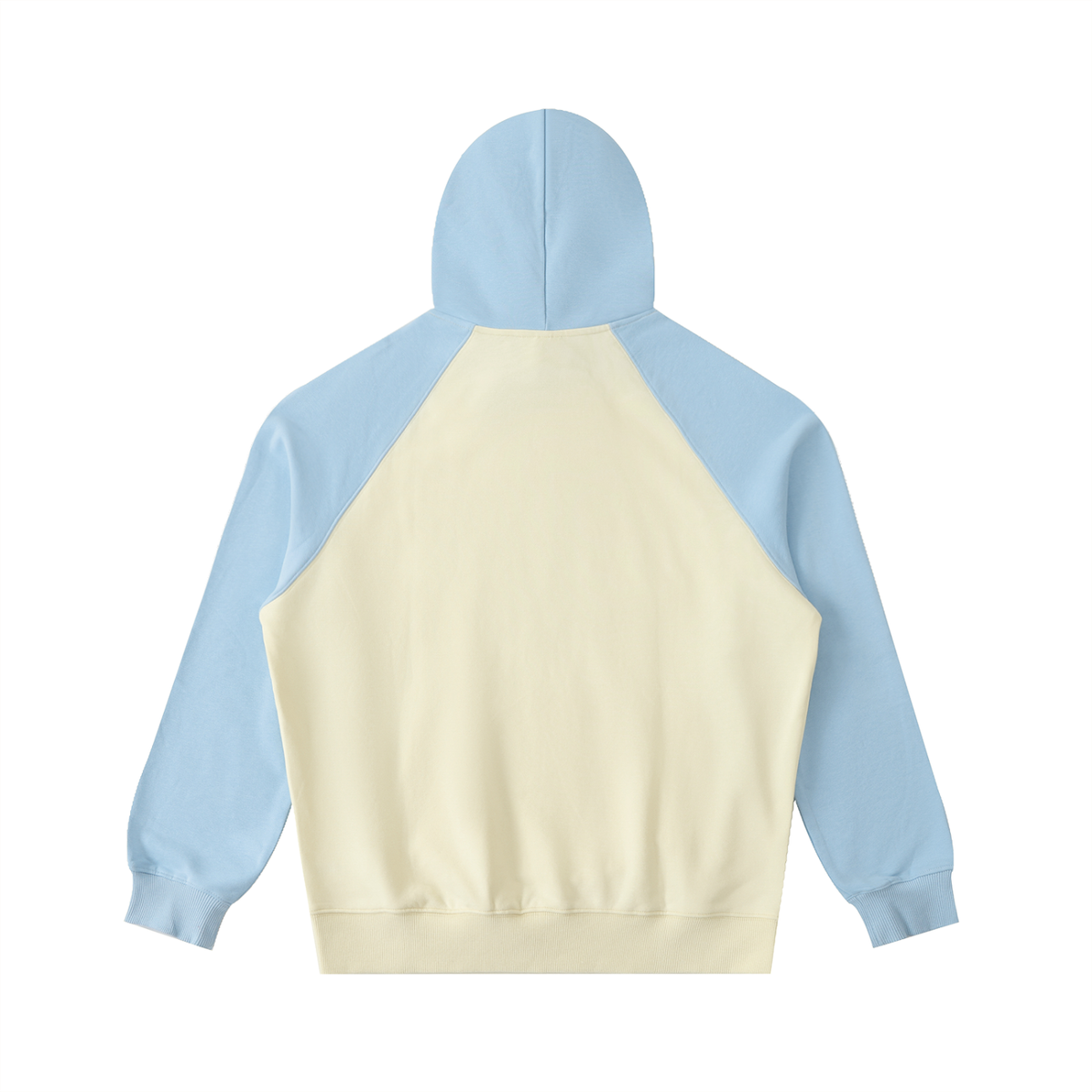 Unisex Color-Block Raglan Sleeve Hoodie in mild apricot with sky blue, alternate angle