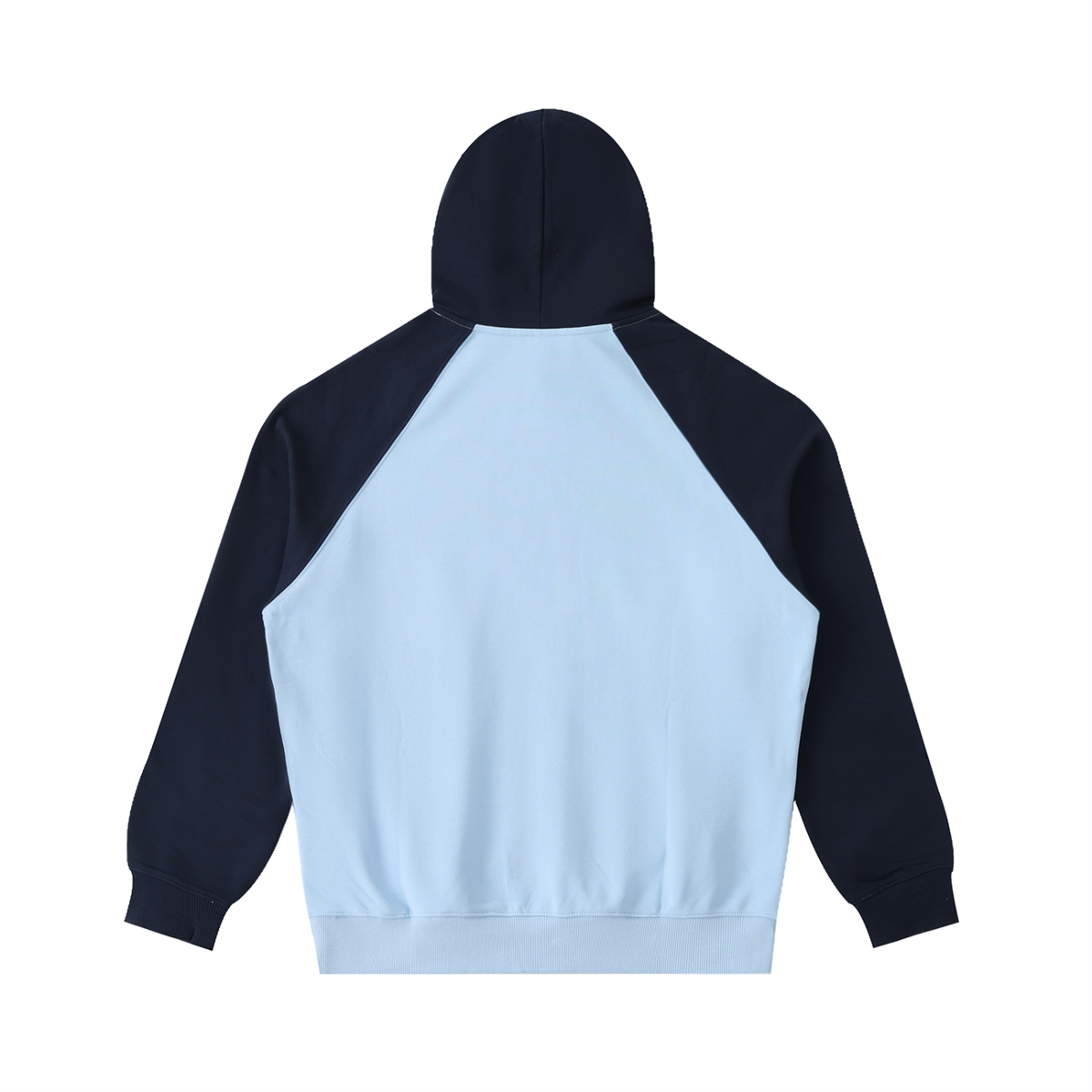 Unisex Color-Block Raglan Sleeve Hoodie in sky blue with navy blue, alternate angle