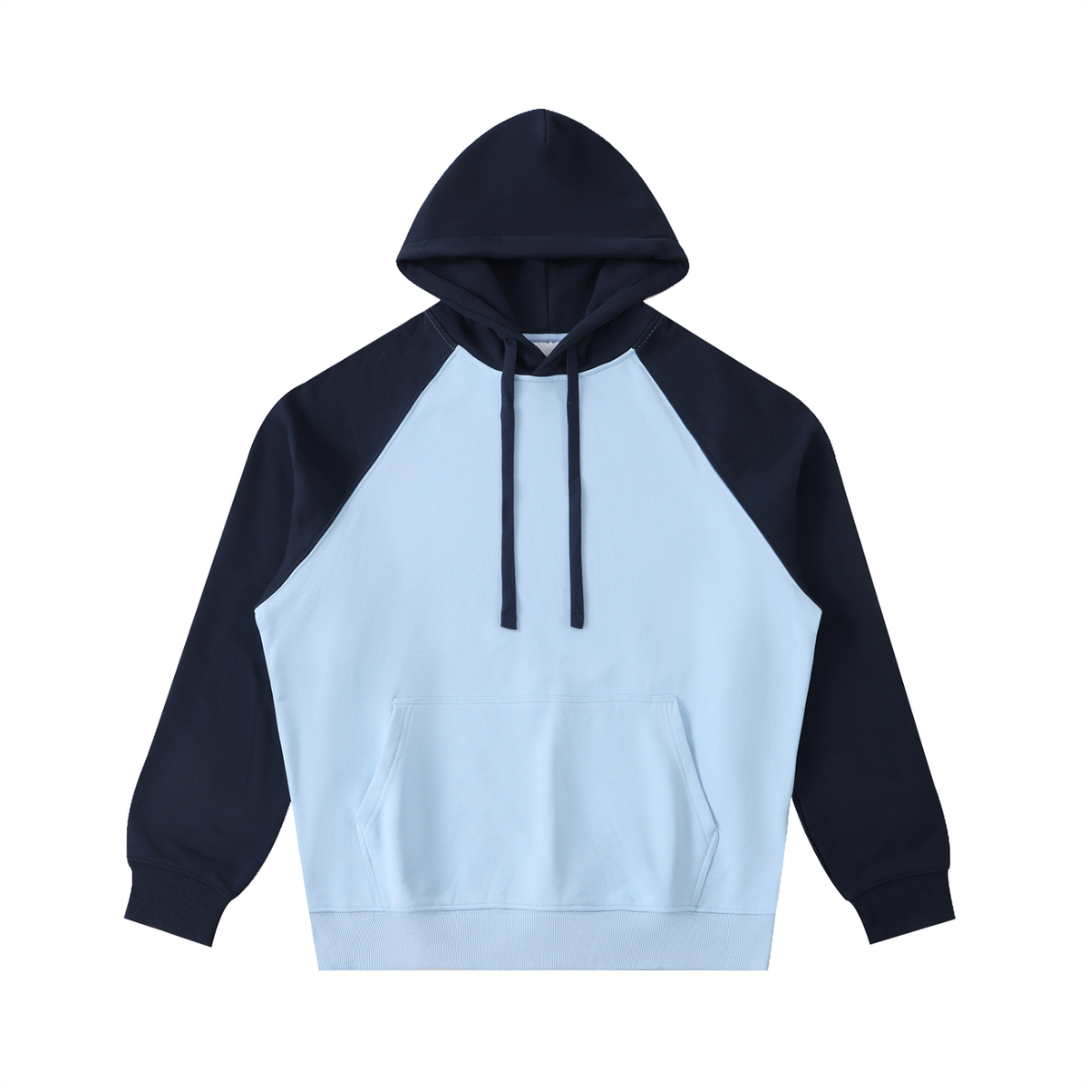 Unisex Color-Block Raglan Sleeve Hoodie in sky blue with navy blue