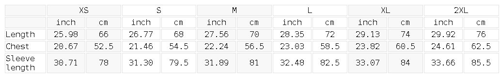 Size chart for the Unisex Color Block Raglan Sleeve Zip Track Jacket