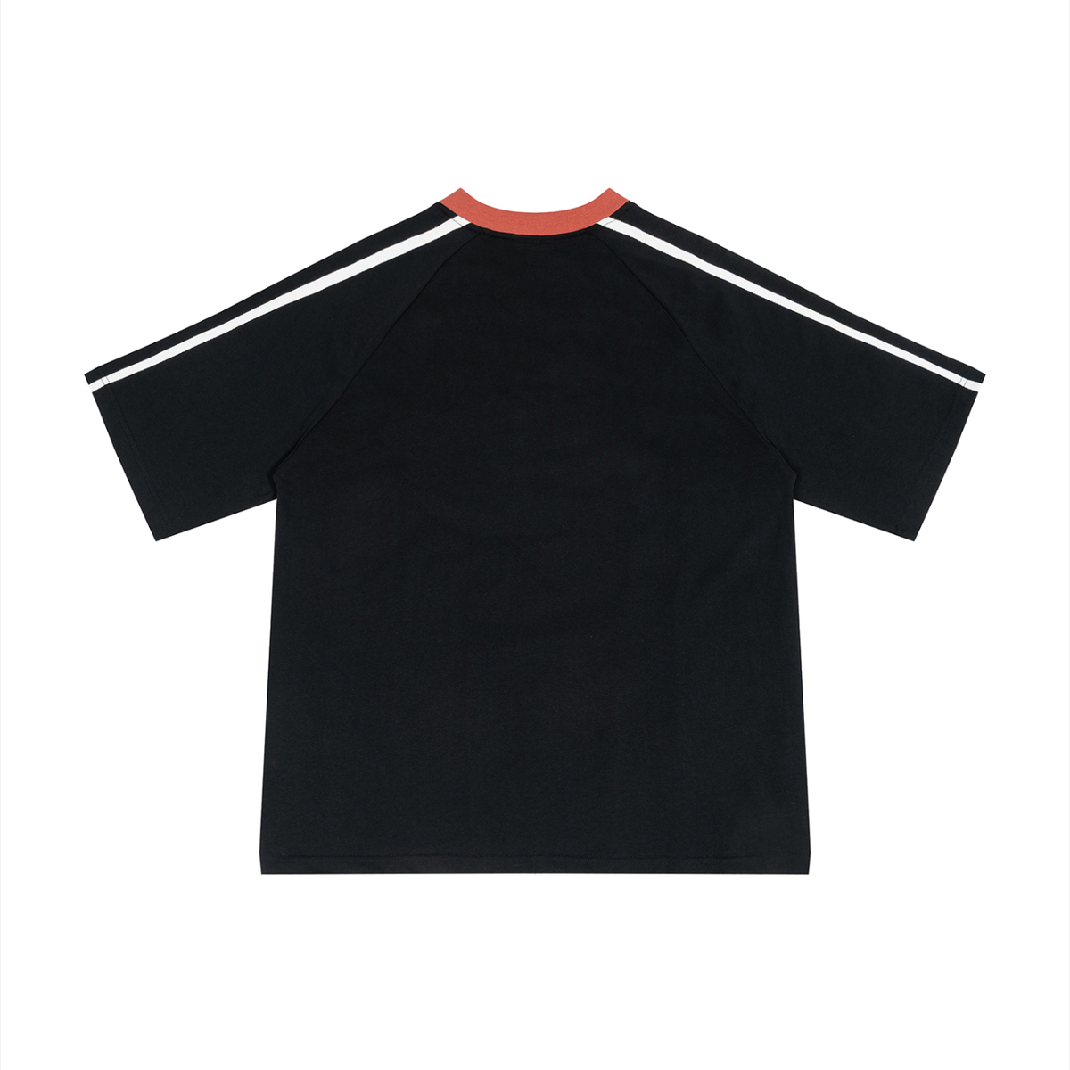 Unisex Color Block V-Neck T-Shirt in black with red, alternate angle