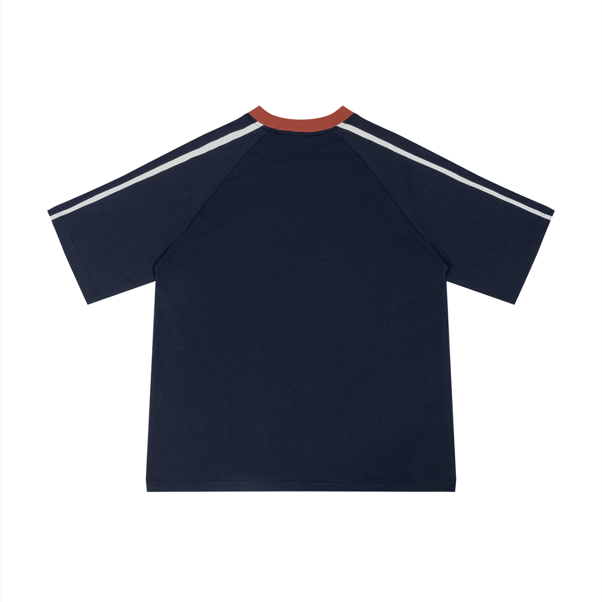 Unisex Color Block V-Neck T-Shirt in navy blue with red, alternate angle